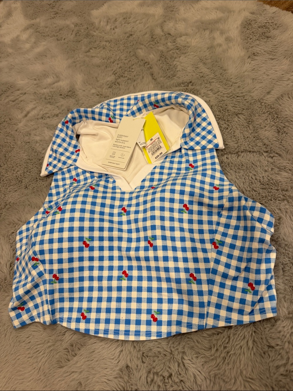 Women’s Blue Gingham Cherry collared sports crop top - all in motion